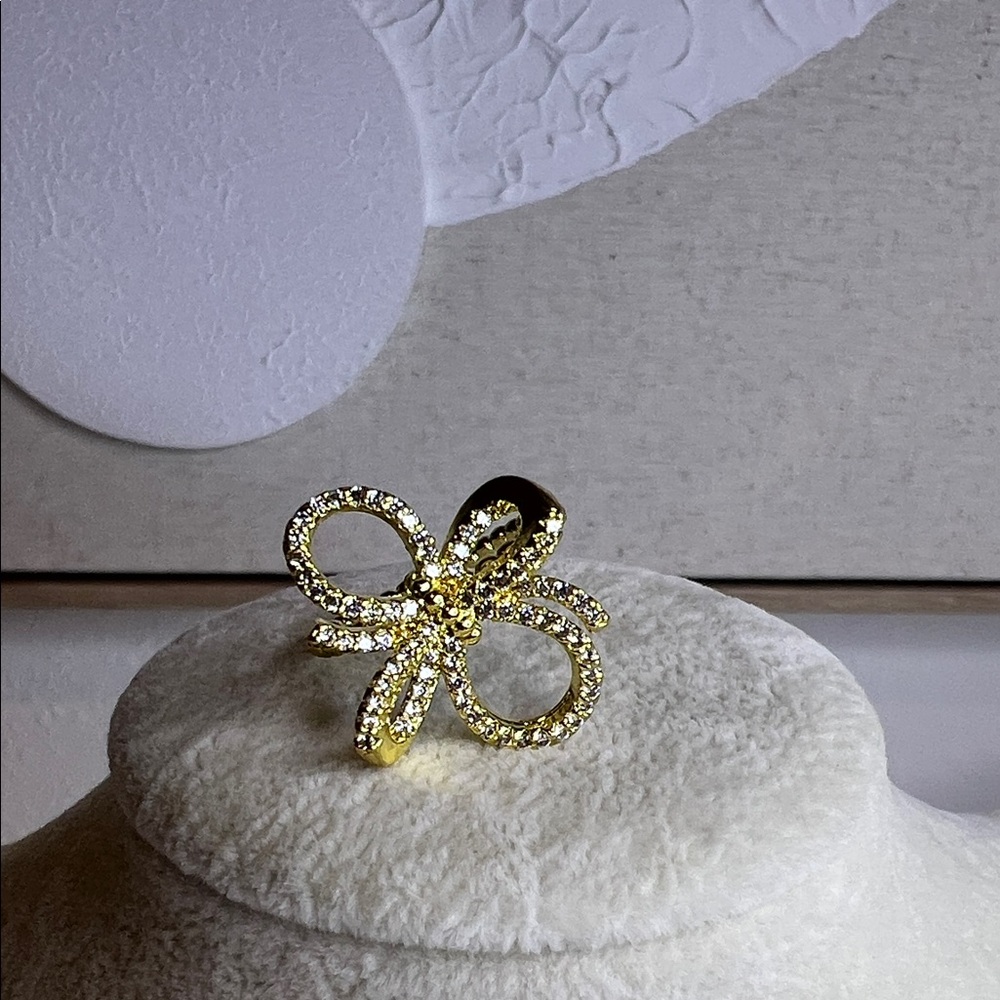Adjustable Gold Bow Ring with Rhinestones